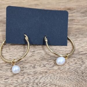 Stainless Steel Gold Genuine Pearl Hoop Earrings